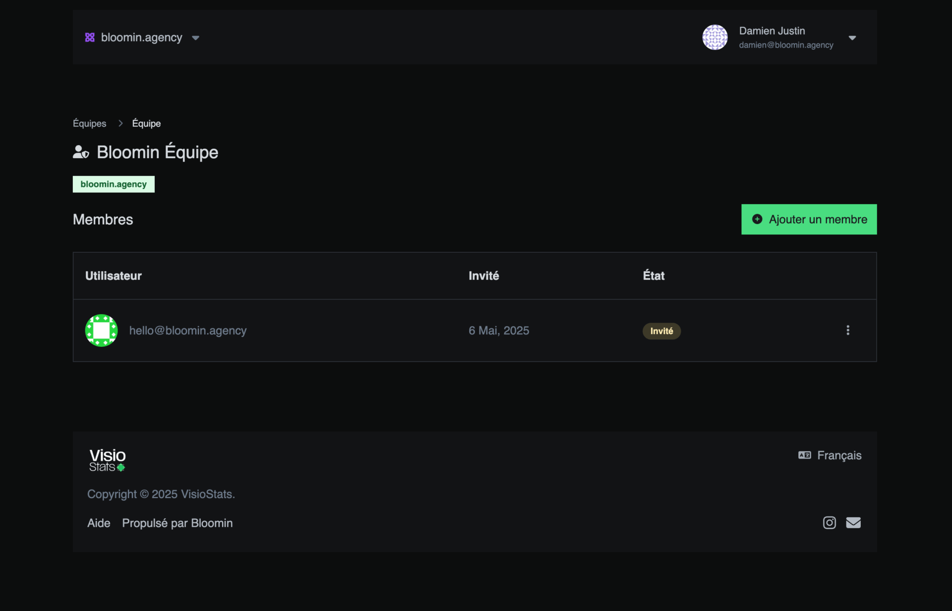Page de gestion d'équipe Bloomin