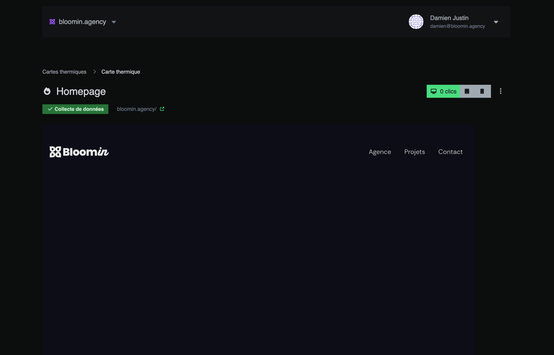 Interface utilisateur du site Bloomin Agency.